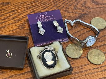 Jewelry Lot GF Pendant With Ruby Watch Coins Rhinestone Earrings And Cameo Necklace