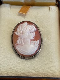 Antique Carved Shell Cameo 800 Silver Pin Pendant