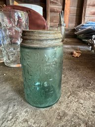 Vintage Teal Glass Mason Jar With Iron Cross