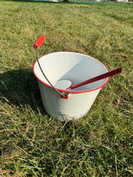 White And Red Enamel Pot And Ladle