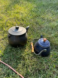 1 Blue Enamel Teapot And One Ceramic