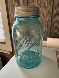 Vintage Teal Glass Ball Mason Jar With Lid