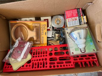 Box Lot Of Tape Measurer Bulbs Holders And More