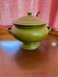 Vintage Green Enamel Soup Tureen With Spoon