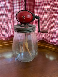 Vintage Glass And Wood Ice Cream Jar Or Butter Churn With Attached Mixer