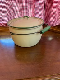 Vintage Green And Cream Enamel Handled Pot With Lid