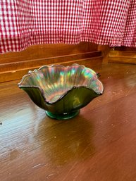 Vintage Green Ray Carnival Glass Bowl Trinket Jewelry Candy Dish