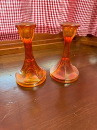 Vintage Marigold Carnival Glass Candle Holders