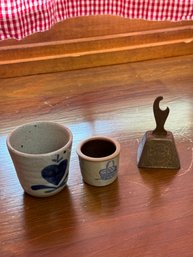 Lot Including Decorative Mini Pottery, Mini Salt Glaze Pot,  And Bell