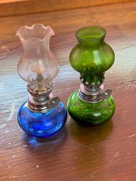 Vintage Mini Glass Blue & Green Oil Lamps Lot