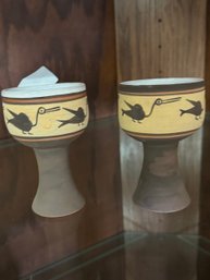 Vintage Red Clay Pottery Goblet  Wine Glass Hand Crafted And Hand Painted With Duck Motif