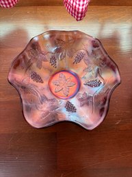 Vintage Leaves & Grapes Round Carnival Glass Bowl