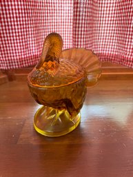 LE SMITH GLASS Amber 2 Piece Turkey Lid And Base Candy Dish Thanksgiving Decor