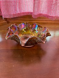 Imperial Glass Smoked Iridescent Carnival Glass Diamond Ring Ruffled Edge Bowl