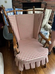 Vintage Wood Accent Chair With Checkered Cushion / Cover