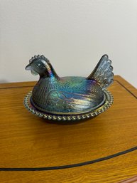 Vintage Indiana Glass Iridescent Carnival Blue Hen On Nest Covered Candy Dish