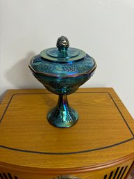 Vintage Indiana Carnival Glass Harvest Grape Blue Iridescent Candy Dish With Lid