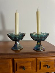 Indiana Glass Harvest Grape Blue Carnival Glass Candle Holders - Set Of 2