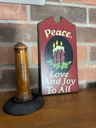 Holiday Sign And Wood Candle Holder