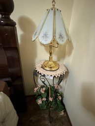 Plant Stand / Table And Glass Shade Lamp