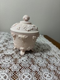 Jeanette Pink Milk Glass Covered Dish, Grape And Leaf Pattern, Footed Pink Milk Glass Lidded Candy Dish