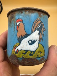 Mixed Vintage & Antique Kitchen Lot - Enameled Rooster Mug, Pans, Glass Shaker, & More!