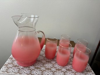 Vintage Blendo Frosted Glass Pitcher And Glasses Set