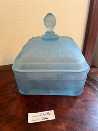 Vintage Honey Bee  Blue Glass Lidded Square Powder Jar