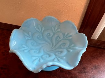 Magnificent Antique Blue Milk Glass Ruffled Edge Footed Compote Dish