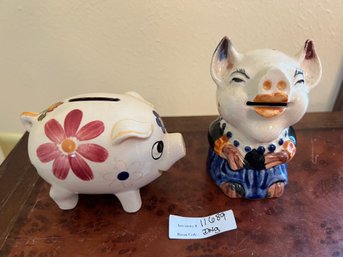 Lot Of 2 Occupied Japan Ceramic Piggy Banks - Standing Pig Bank & Floral Piggy Bank
