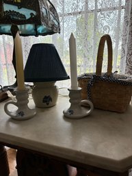 Home Decor Lot With Candle Holder Lamp And Basket (Slag Glass Lamp Not Included)