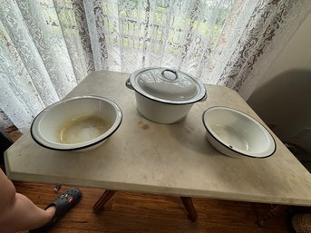 White Enamel Pot And Bowls Lot