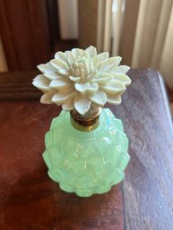 Fabulous Vintage Green Glass Perfume With Flower On Top!