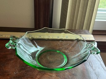 Vintage Green Depression Glass Glowing Uranium / Vaseline Glass Handled Bowl
