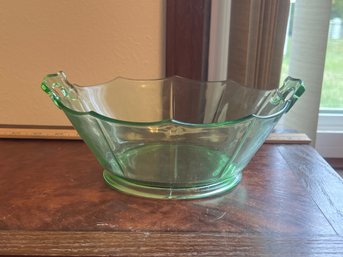 Depression Glass Green Uranium / Vaseline Glass Handled Serving Bowl