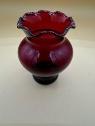 Vintage Ruby Red Anchor Hocking Glass Ruffled Top Vase