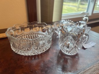 Lot Of 3 Antique Pressed Glass Pattern Pieces - Bowl, Toothpick & Nappy Dish