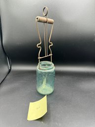 Patent 1858 Teal Glass Mason Jar And Holder