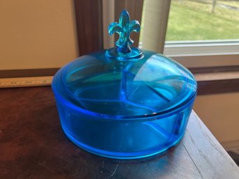 Gorgeous Vintage Fostoria Blue Glass Fleur De Lis Covered Three Part Candy Dish With Lid