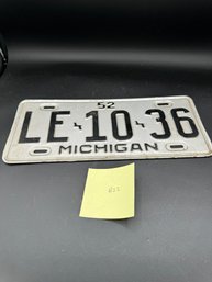 1952 Vintage White & Black Michigan License Plate