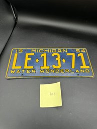 1954 Vintage Blue And Yellow Michigan License Plate