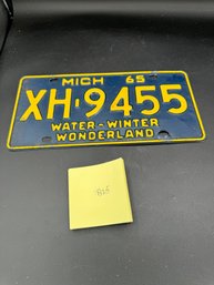 1965 Vintage Blue & Yellow Michigan License Plate