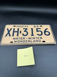 1966 Vintage Off White And Blue Michigan License Plate