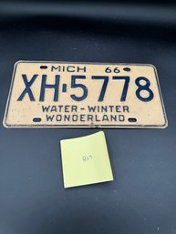 1966 Vintage Off White And Blue Michigan License Plate