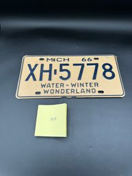 1966 Vintage Off White And Blue Michigan License Plate