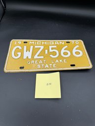 1970 Vintage Yellow And White Michigan License Plate