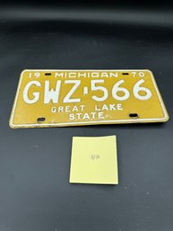 1970 Vintage Yellow And White Michigan License Plate