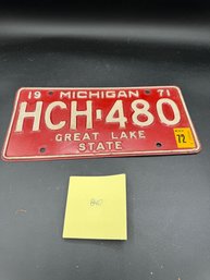 Vintage 1971 Red And White Michigan License Plate