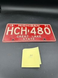 Vintage 1971 Red And White Michigan License Plate