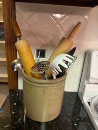 Salt Glaze Crock With Kitchen Utensils